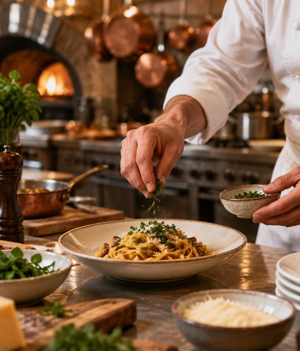 Un chef prépare une assiette de pâtes en cuisine