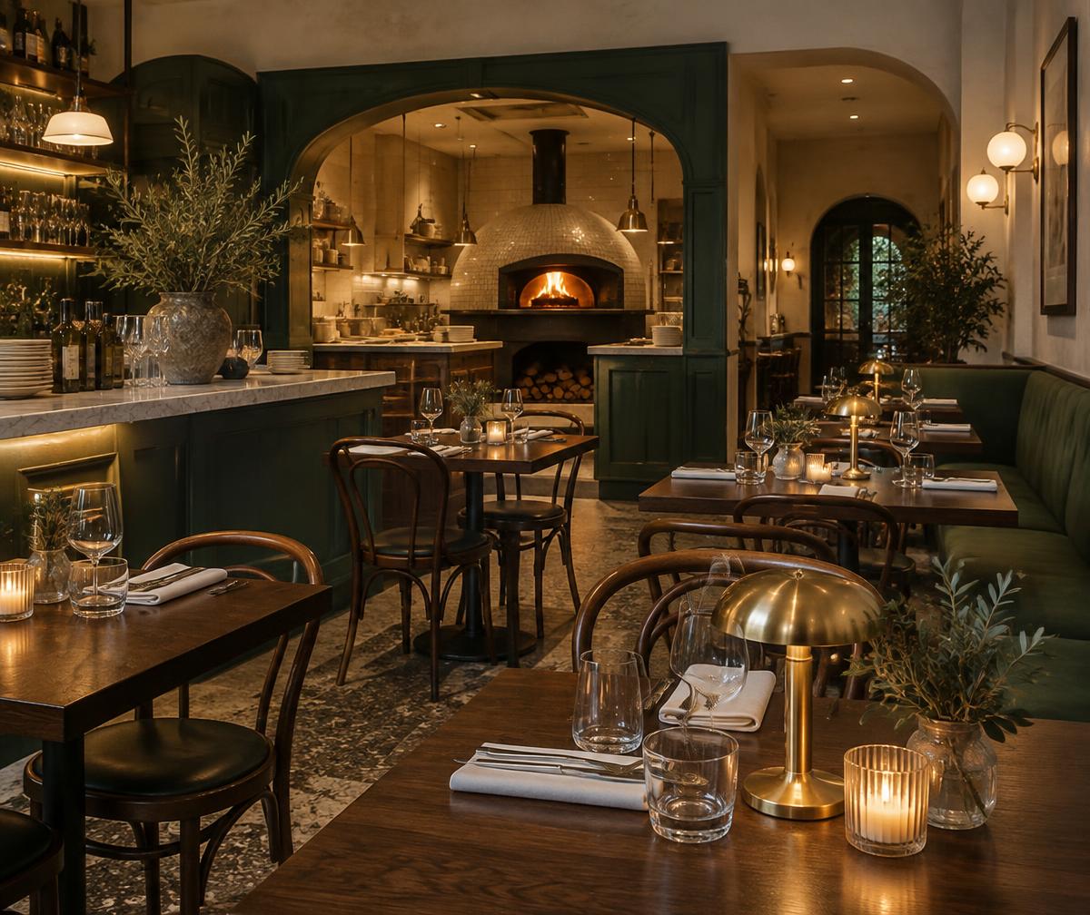 Salle chaleureuse d’un restaurant italien